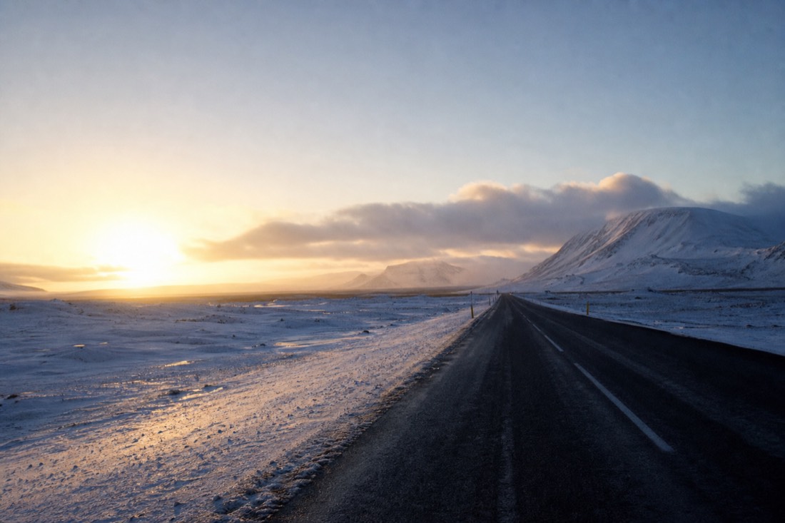 Low winter sun across a snowy open plain with a single empty road running east