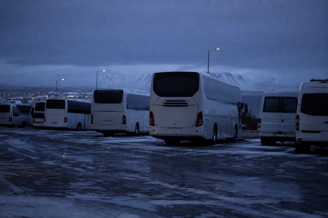 Several unmarked tour coaches and minibuses lined up in a dark Reykjavik car park before dawn