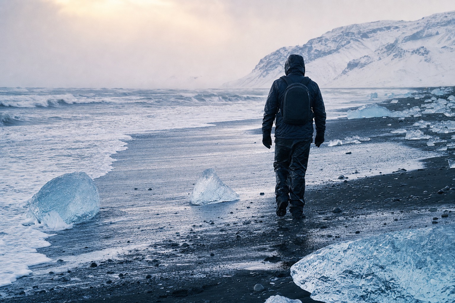 Walker in waterproof trousers on a wet black sand beach in Iceland with sea spray blowing inland