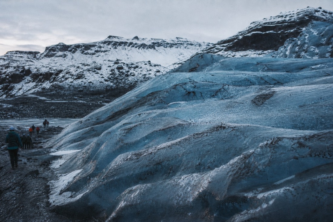 Blue ridged ice on Sólheimajökull glacier during a winter glacier hike near Vík